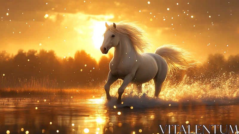 Golden sunset illuminates white horse galloping through water.
