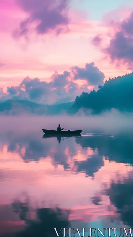Solitary rowboat on misty lake under pastel twilight sky