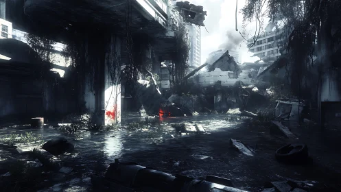 Post-apocalyptic flooded overpass with collapsed structures