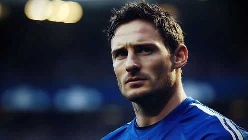 Male football player in blue jersey under stadium lights.