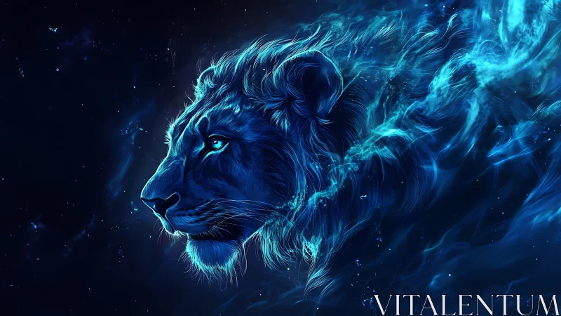 Cosmic blue lion drifting through a quiet starry night.