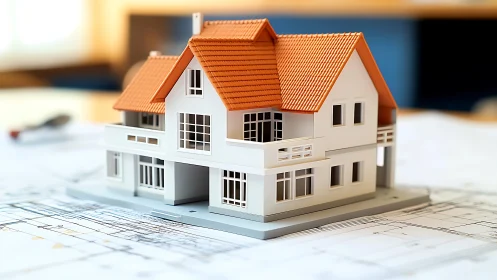 Architectural Model Positioned on Blueprint Layout with Planning Documentation