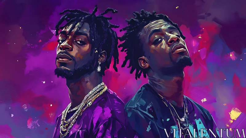 Digital portrait of two men against vivid purple backdrop.