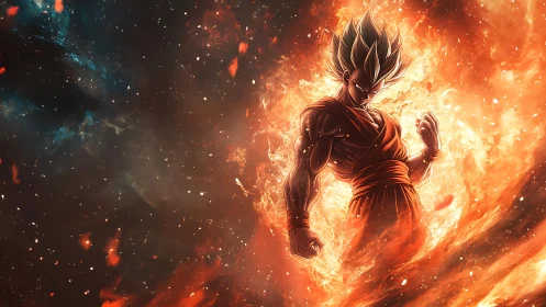 Fiery anime warrior ignites cosmic battlefield with power.