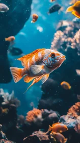 Orange reef fish in midwater among coral and smaller fish.