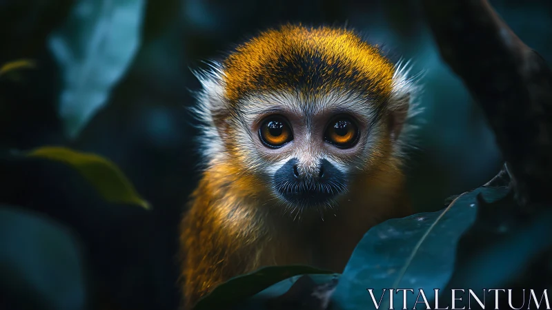 Small monkey in dense forest foliage, low light portrait.