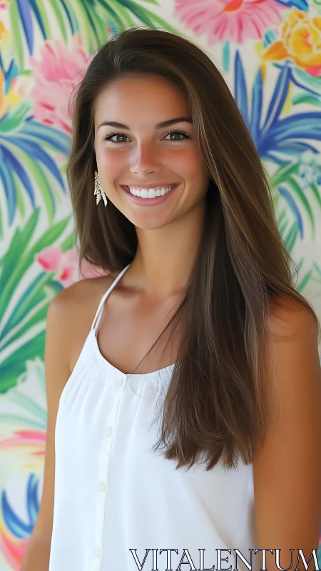 Portrait shows young woman before multicolored floral wall