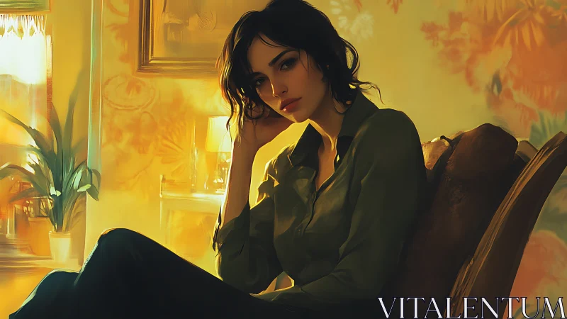 Thoughtful Woman in Sunlit Room, Warm Painterly Style Portrait.