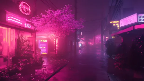 Neon sakura drape a rainy cyber-street in sugar-pink glow
