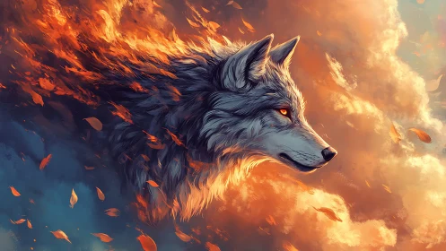 Firelit wolf spirit dissolves into embers and sky storm.