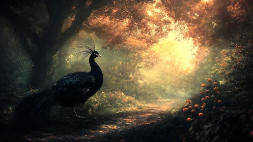 Enchanted forest peacock pauses along a golden morning path