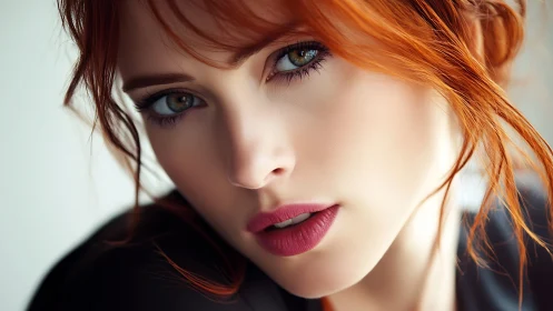 Close-up portrait of red-haired woman with neutral expression.