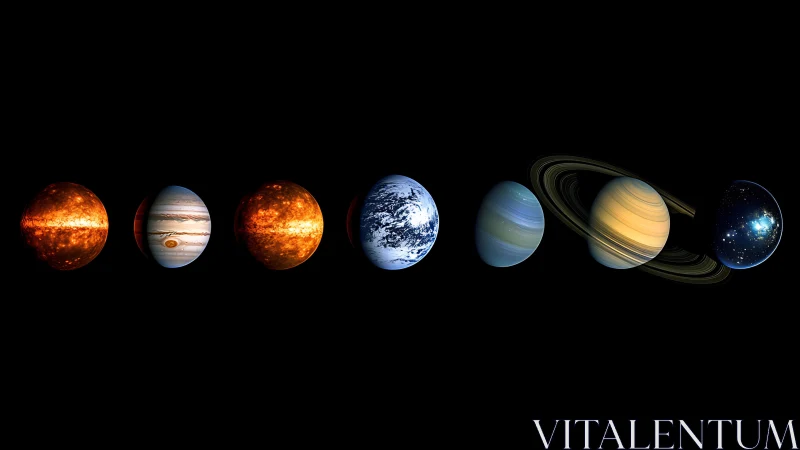 Row of glowing planets floats in deep black cosmic void