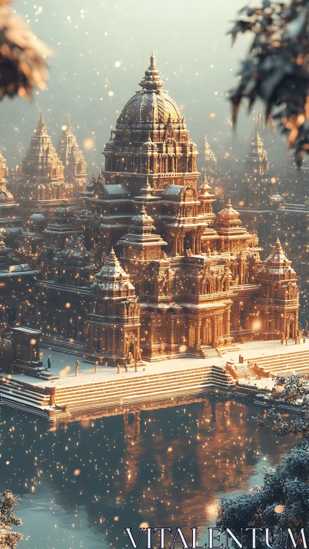Snow covered temple complex reflects in still water