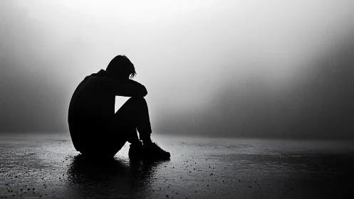 Silhouetted figure sits alone in rain on empty ground.
