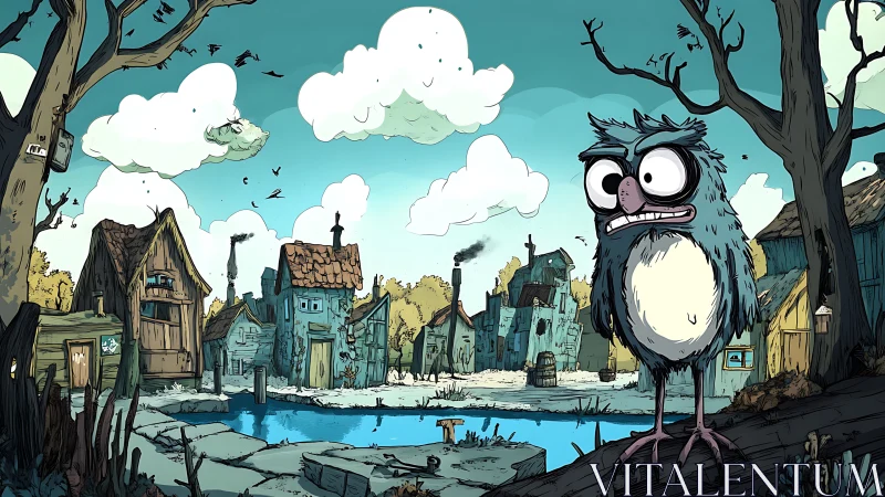 Grumpy cartoon owl in rundown village by blue canal.