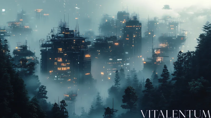 Foggy cyberpunk high rise city rising from dense forest.