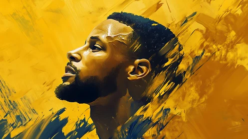 Profile portrait in expressive golden brushstroke abstraction.