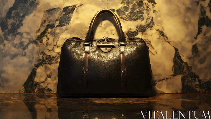 Midnight leather duffel glows against molten marble wall.