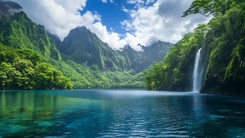 Tropical mountain lagoon with cascading waterfall and clouds.