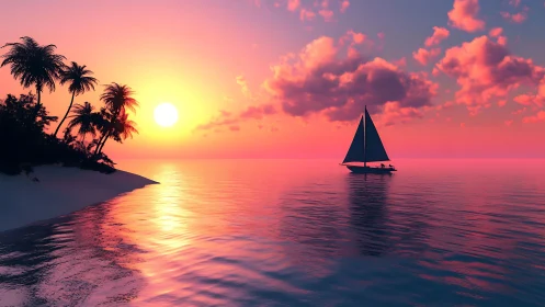 Tropical sailboat crosses radiant pink sunset horizon