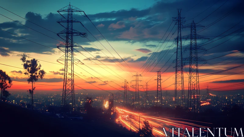 Digital painting of powerlines over neon city at dusk panorama.