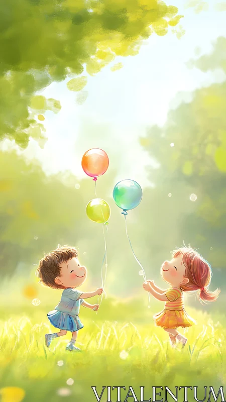 Children Playing with Balloons in Sunlit Meadow