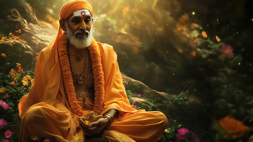 Elderly sage in saffron robes meditates under volumetric forest light