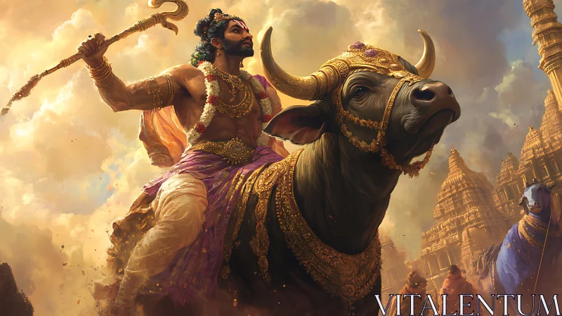 Mythic warrior astride ceremonial bull in radiant temple sky