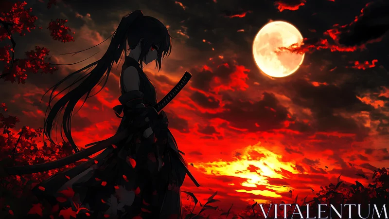 Nocturnal katana silhouette under sanguine lunar horizon.