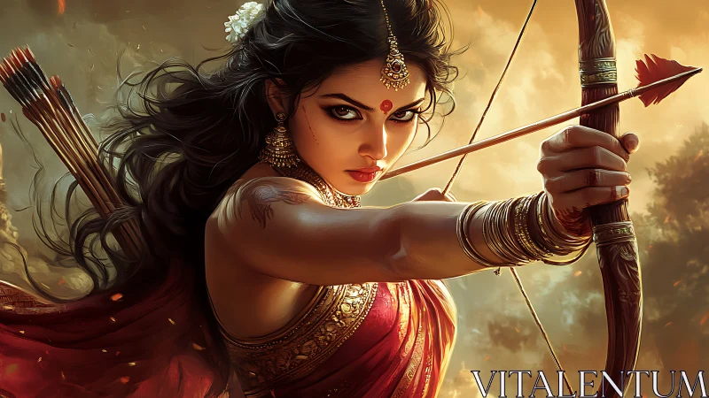 Warrior archer goddess draws bow under dramatic golden sky
