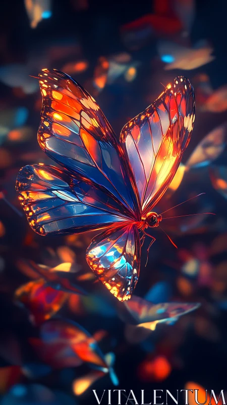 Butterfly with translucent wings in colorful bokeh field.