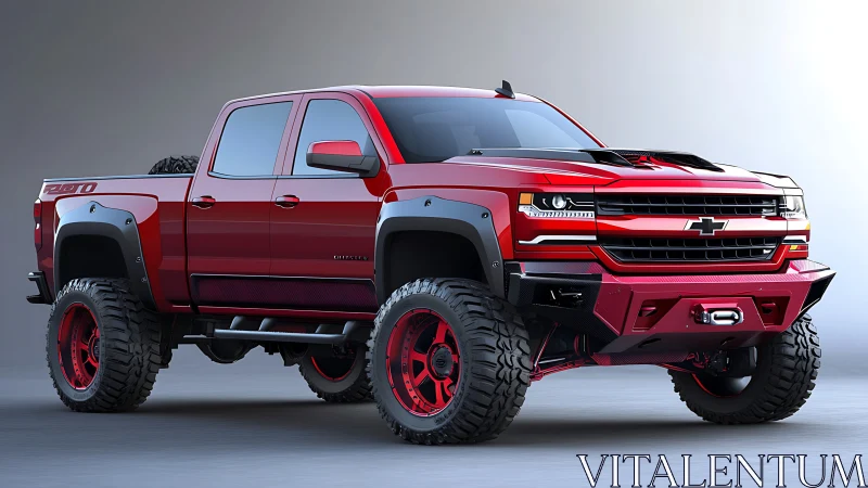 Lifted red Chevy truck showcases aggressive offroad stance.