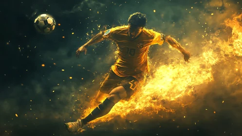 Fiery soccer striker blasts through smoke in mid kick.
