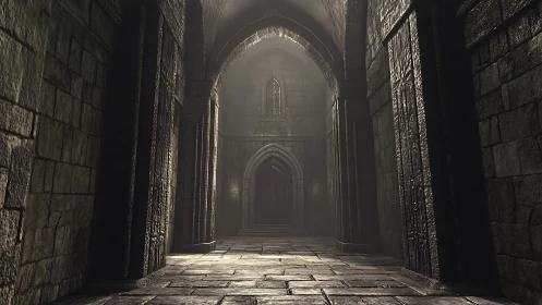 Ancient stone cathedral corridor fades into misted shadowed depth