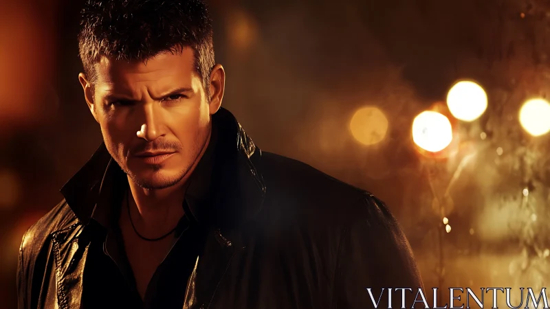 Moody man in leather jacket under warm city lights.