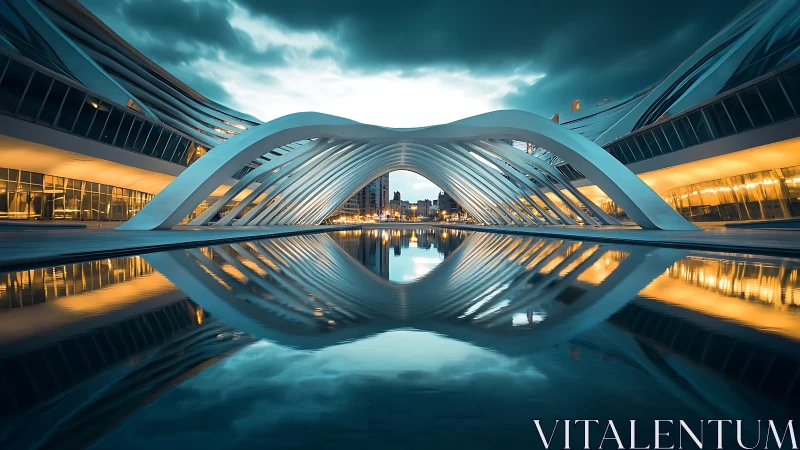 Photorealistic futuristic archway with mirrored water symmetries.