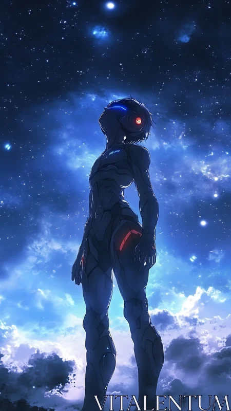 Stargazing cyber-sentinel bathing in deep nebula glow.