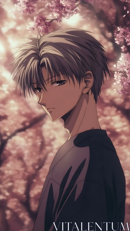Melancholic anime youth under defocused cherry blossom canopy