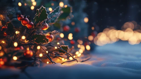 Snowy Christmas lights glow softly beside frosted greenery.