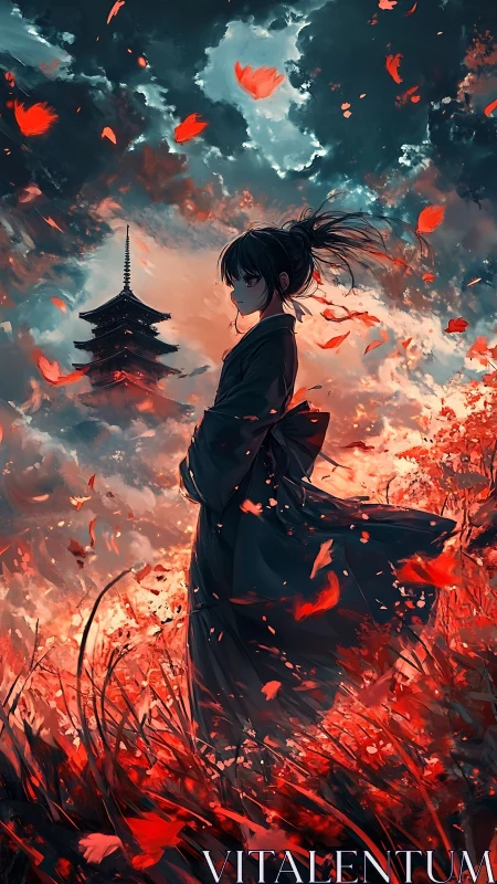 Samurai silhouette amid crimson storm of falling leaves.