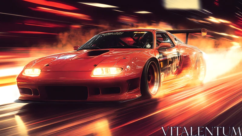 Aerodynamic red race car in high-speed nocturnal motion blur.