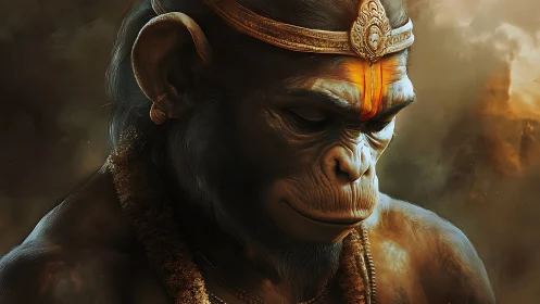 Divine simian warrior bows in ember-tinted sacred silence.