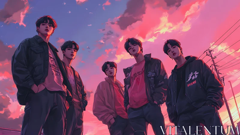 Urban youth collective under neon dusk gradient sky.