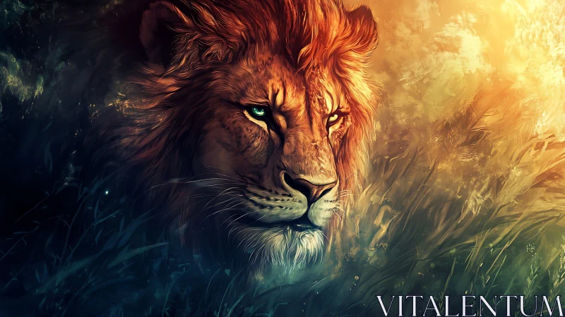 Spectral lion portrait in dual-spectrum atmospheric lighting.