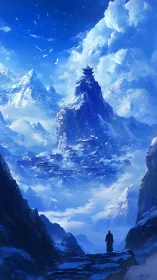 Monk overlooking luminous pagoda city in frozen blue peaks.
