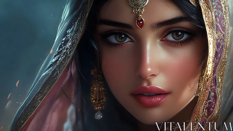 Hyperreal digital portrait of veiled woman with jeweled adornment