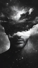 Cosmic nebula double-exposure portrait with stellar veil overlay.
