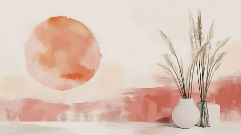 Soft terracotta sun and dried grass in minimalist still life.