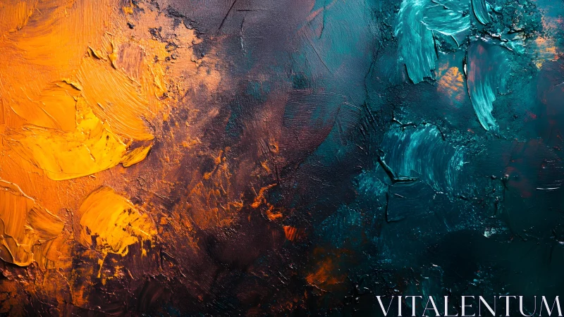 Abstract textured painting with bold teal and orange brushstrokes.